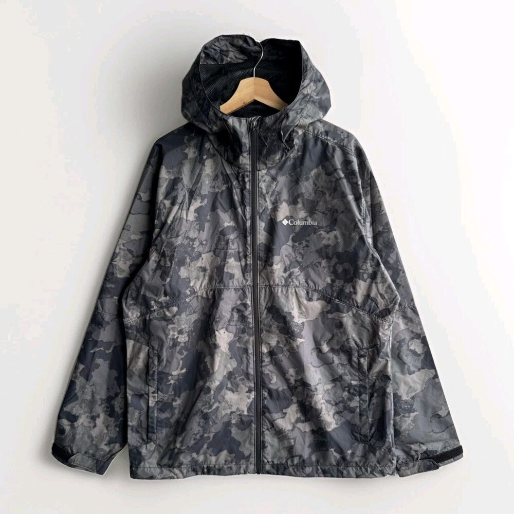 Columbia Rain Jacket Camo Hooded Lightweight Water Resistant Mens Large Packable